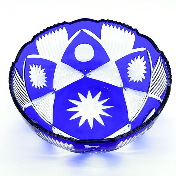 Cobalt Blue Crystal Cut to Clear Bowl with Scallop and Sawtooth Rim ~7.5" Diam - Picture 7 of 13